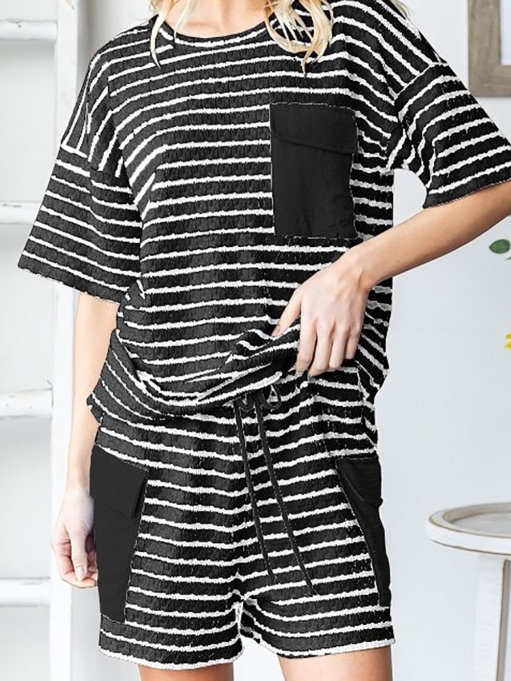 HEIMISH USA Black and White Striped Knit Tee Set